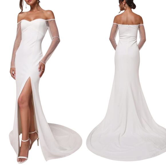 Lulus Eternally Beloved White Mesh Off-the-Shoulder Pearl Maxi Dress M NWT - Picture 1 of 10